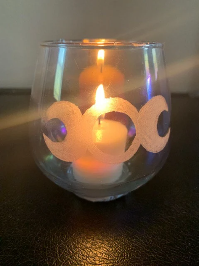 Triple Moon Multi Colored Glass Candle Holder