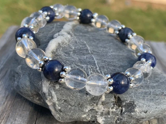 Blue Sodalite & Clear Quartz Beaded Gemstone Bracelet