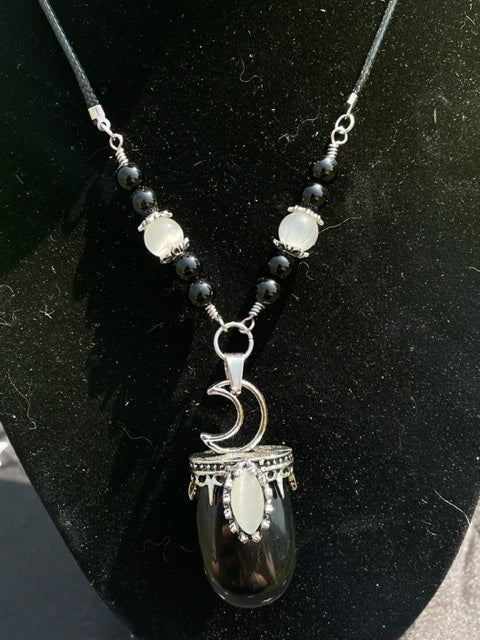 Black Onyx Round Pendant Necklace (w/ Selenite)