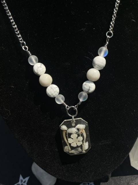 Rodent Leg Bones & Rainbow Moonstone Necklace