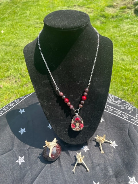 Rodent Spine Bones & Garnet Crystal Necklace