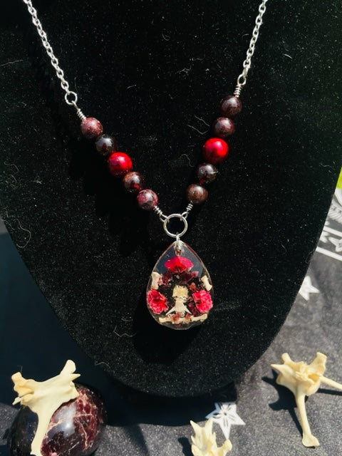 Rodent Spine Bones & Garnet Crystal Necklace