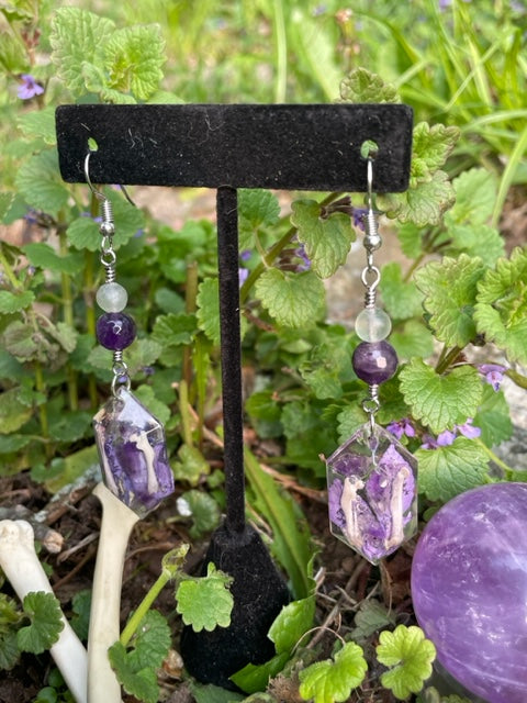 Rodent Leg Bones & Amethyst Crystal Earrings