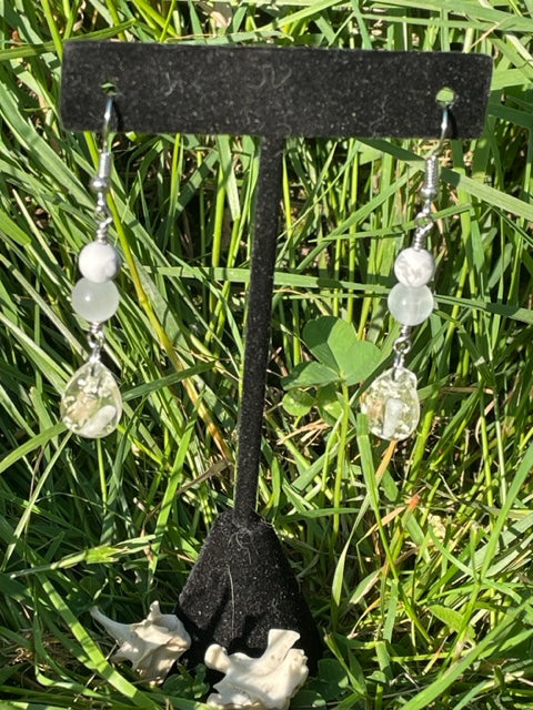 Small Rodent Spinal Bone & Rainbow Moonstone Crystal Earrings