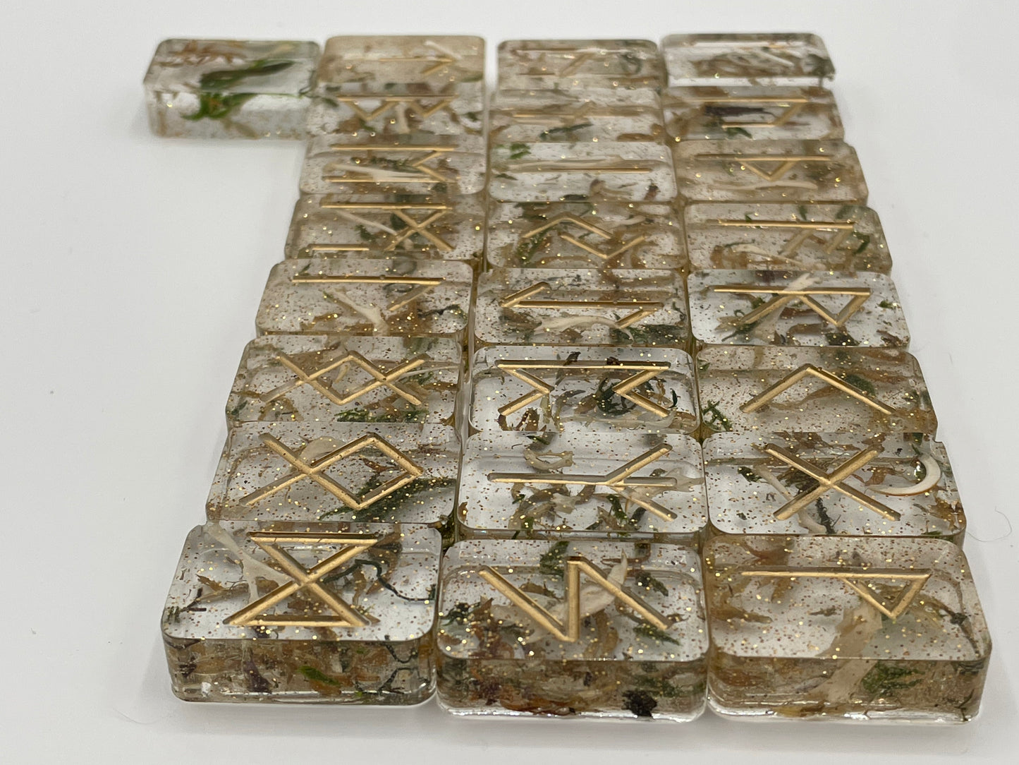 Gold Glittery Rune Set w/ Small Rodent Bones & Dried Plants