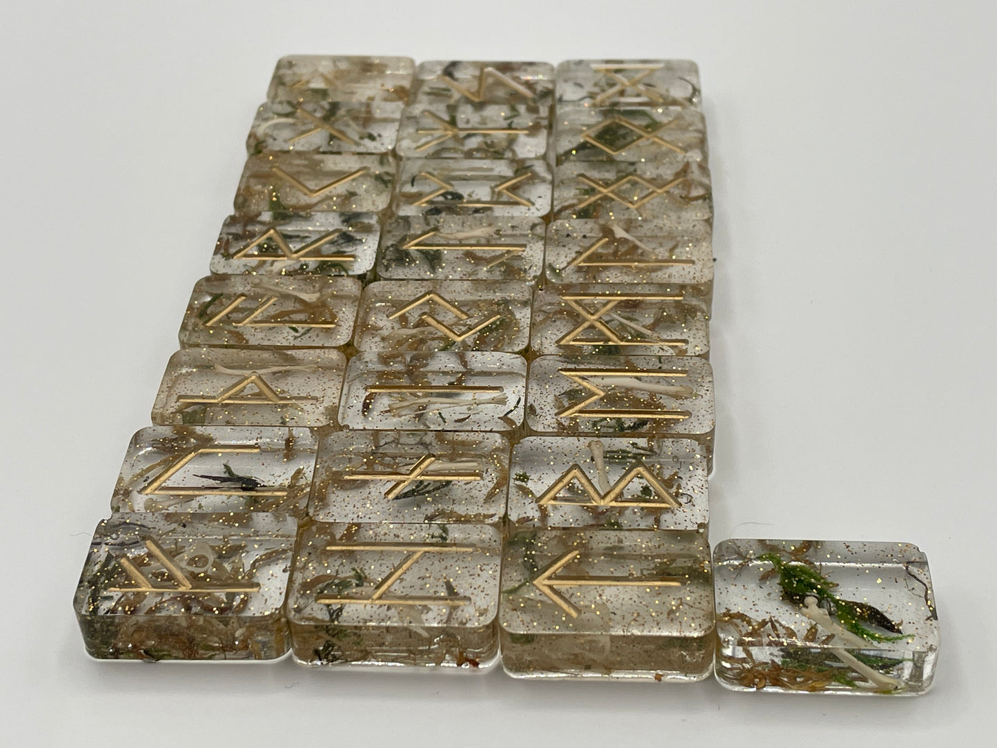 Gold Glittery Rune Set w/ Small Rodent Bones & Dried Plants