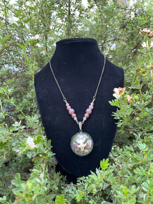 Rodent Skull & Strawberry Quartz Necklace