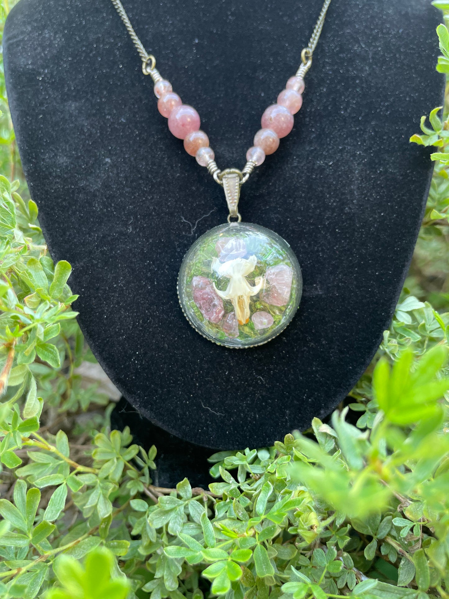 Rodent Skull & Strawberry Quartz Necklace