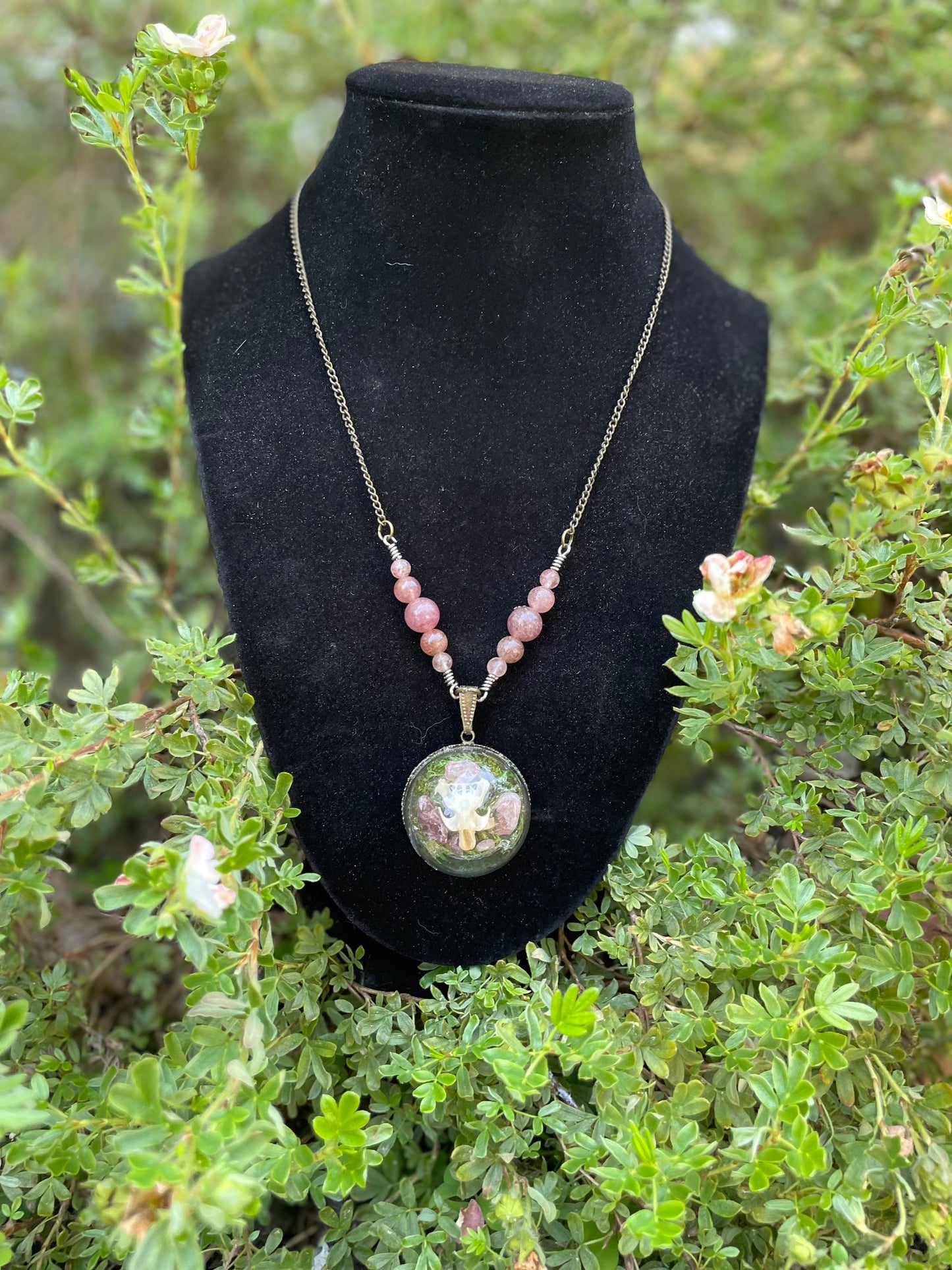 Rodent Skull & Strawberry Quartz Necklace