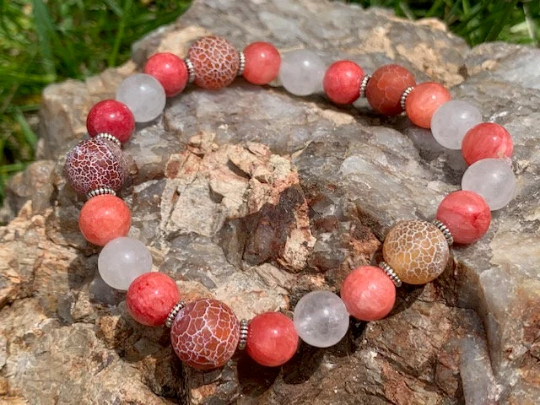 Pink, Red, & Clear Quartz with Cracked Agate Beaded Bracelet Collection