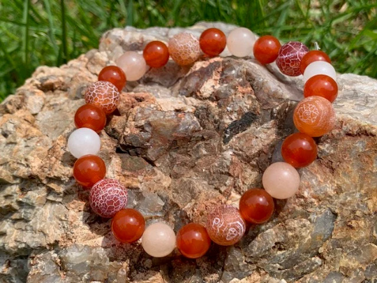 Pink, Red, & Clear Quartz with Cracked Agate Beaded Bracelet Collection