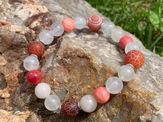 Pink, Red, & Clear Quartz with Cracked Agate Beaded Bracelet Collection