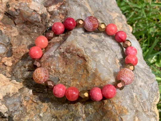 Pink, Red, & Clear Quartz with Cracked Agate Beaded Bracelet Collection