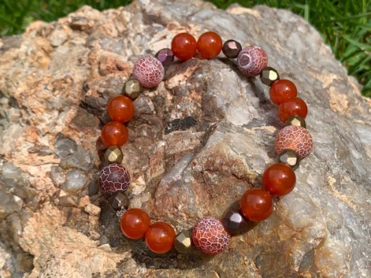 Pink, Red, & Clear Quartz with Cracked Agate Beaded Bracelet Collection